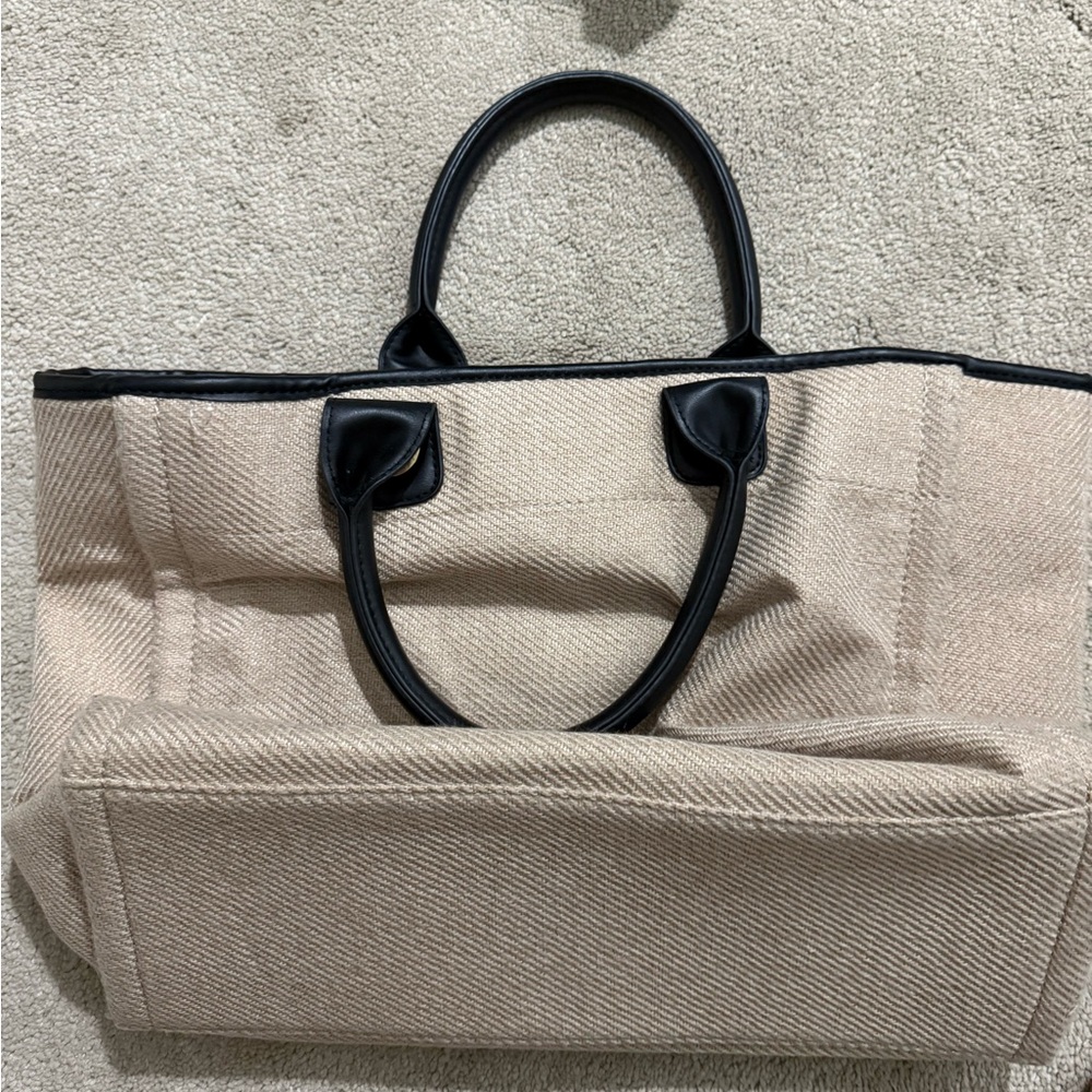Tan Canvas Tote Bag with Black Handles
